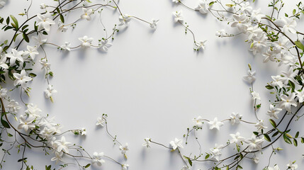  A mesmerizing pattern of intricate jasmine vines woven into an oval empty inside frame, their delicate white flowers casting subtle shadows against the pure white background,