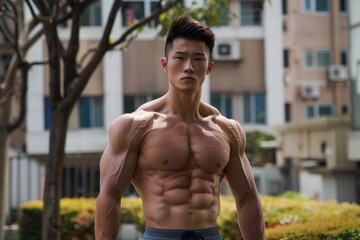 Fototapeta premium Confident Asian Bodybuilder Posing in Park