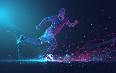Abstract silhouette of particles with lines and triangles. footballer