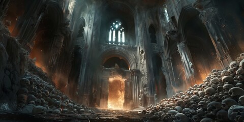 A dark cathedral made of skulls and bones, gothic arches with open doors leading inside