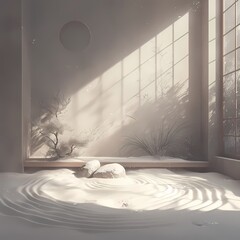 An Inviting Zen Garden Setting: A Comprehensive Image of Inner Peace with Soft Lighting for a Calm Atmosphere.