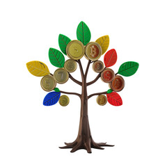 3d coin on tree icon, red, green, blue, gold color