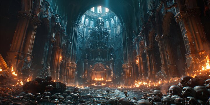 A dark cathedral made of skulls and bones, gothic arches with open doors leading inside