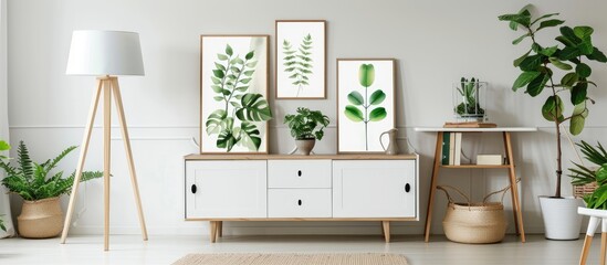 Botanical posters hang on the wall in a living room with a white cabinet, wooden lamp, and plants.