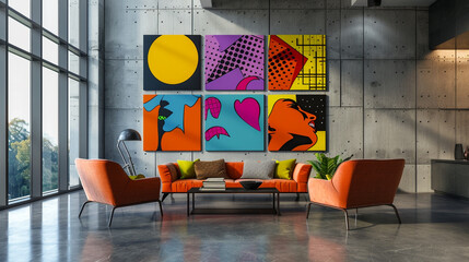 . A modern sitting room showcasing a sleek wall mockup with vibrant pop art designs