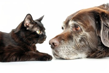 Naklejka premium Old labrador retriever and cat isolated in studio on white background