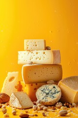 A stack of cheeses on a yellow background