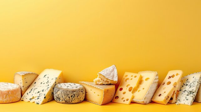 A row of cheeses on a yellow background