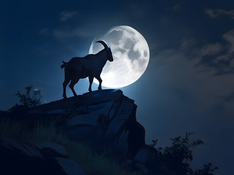 A mountain goat shadow in the night with a full moon behind it. Eid ul adha background.