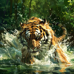 illustration Amur tiger playing in the water, Siberia. Dangerous animal, tajga, Russia. Animal in green forest stream. Siberian tiger splashing water
