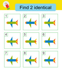Fun puzzle game for kids. Need to find two identical airplanes. Answer is 3,4.