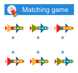 Matching game for kids. Task for the development of attention and logic. Vector illustration of cartoon rocket ship.