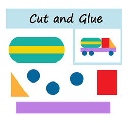 Educational paper game for kids. Cut parts of the image and glue on the paper. DIY worksheet. Vector illustration of the truck from geometric shapes.