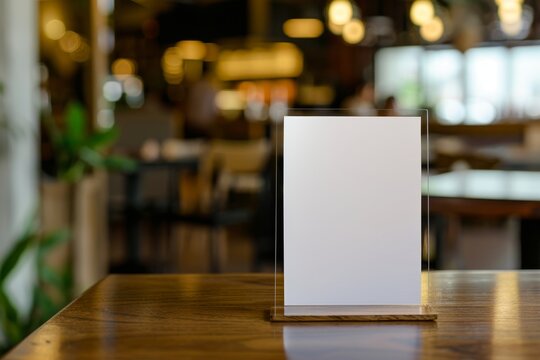 Menu frame mock up on table in bar booklets stand with white acrylic tent card in cafeteria