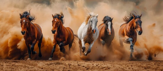 Horses running in the desert dust, front view