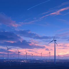 Vibrant Wind Turbine Farm Under Dreamy Clouds at Dusk, Aesthetic Environment Stock Image