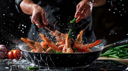A chef in black attire skillfully tosses shrimp and green beans in a pan, capturing the dynamic motion and splashes of a culinary moment. - obrazy, fototapety, plakaty