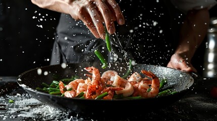 A chef in black attire skillfully tosses shrimp and green beans in a pan, capturing the dynamic motion and splashes of a culinary moment.