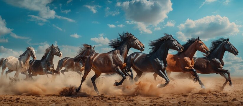 Horses running in the desert dust, front view