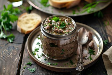 Metallic container with liver pate bread and spoon on wood table photographed from above