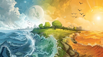 Water and Climate Change Illustrate a thumbnail depicting the impacts of climate change on water resources, such as changes in precipitation patterns, droughts, floods, and sea level rise, to emphasiz
