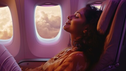 a pleased Indian woman inhaling the fragrance while sitting on the aisel seat, AI Generative - obrazy, fototapety, plakaty