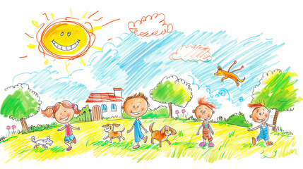 Obraz na płótnie Canvas Children playing in the park on a sunny day, child’s drawing style, bright colors, smiling sun in the sky, dogs running, hand-drawn style with colored pencils