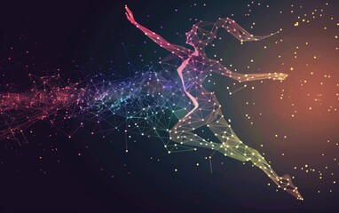Abstract silhouette of particles with lines and triangles. gymnast - obrazy, fototapety, plakaty