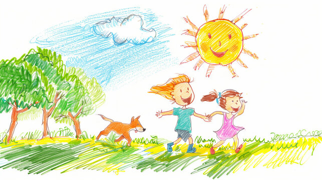 Children playing in the park on a sunny day, child’s drawing style, bright colors, smiling sun in the sky, dogs running, hand-drawn style with colored pencils