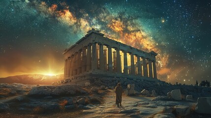 Ancient Parthenon stands majestic under a starlit sky, timeless beauty against the cosmos, serene and awe-inspiring, AI Generative - obrazy, fototapety, plakaty