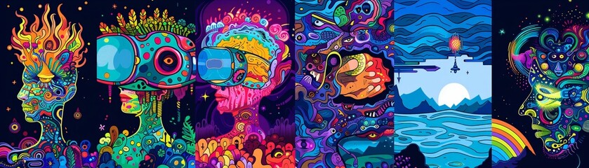 Obraz premium A cartoon hunter exploring airwave signals, depicted in a series of coloring pages for adults, each variant showcasing a unique aesthetic of abstract and vibrant visuals no clor splash