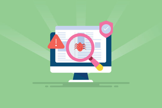 Online virus detection and malware removal system, cyber security data and fraud protection on internet, vector illustration.