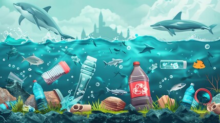 Plastic Pollution Solutions Design a vector infographic highlighting solutions to plastic pollution, including reducing singleuse plastics, promoting recycling and waste management, and supporting pol - obrazy, fototapety, plakaty