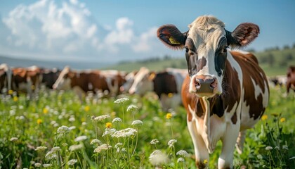 A dairy cow grazes on green grass in a flowery field under the sky - obrazy, fototapety, plakaty