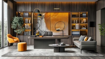Chic home office, modern decor, sleek desk, cozy sofa, vibrant yellow pouf, wall with inspiring graphics, well-lit, AI Generative