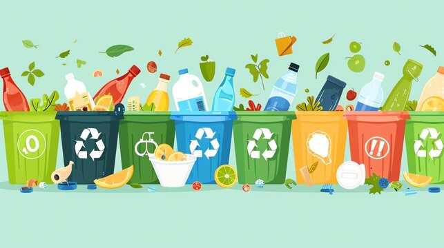 Waste Sorting Guide Create a vector illustration of a waste sorting guide, showing different categories of waste and how to properly sort them for recycling, composting, or disposal, to promote proper