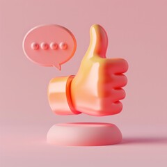 Craft a 3D concept that combines a striking thumb up gesture with a speech bubble, illustrating the act of giving a 'good comment' or approval, AI Generative