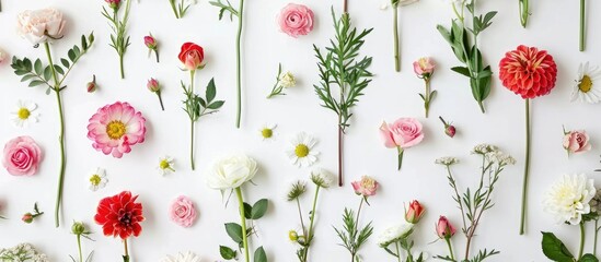Fresh flowers arranged in a flat lay on a white surface