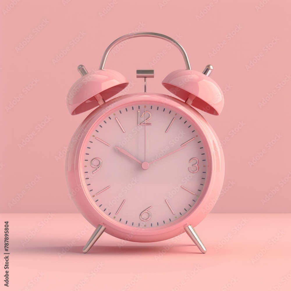 Poster craft a 3d illustration of a minimalistic pink alarm clock standing against a monochromatic pink bac