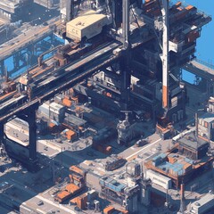 A bustling industrial port complex with cranes and shipping containers, bathed in warm sunlight.