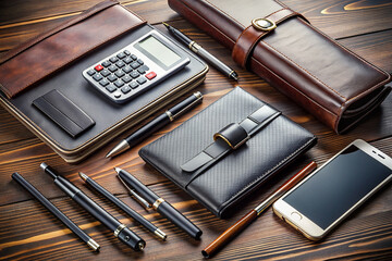 Close-up of Business Accessories: Images featuring close-up views of business accessories like pens, notebooks, calculators, briefcases, or smartphones, representing professionalism