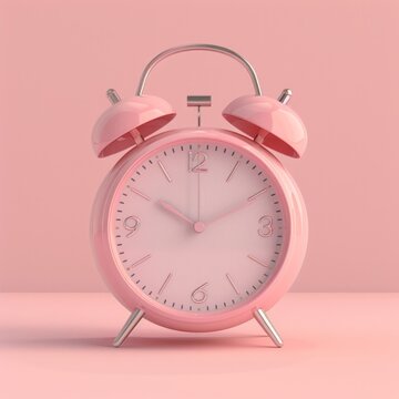 Craft a 3D illustration of a minimalistic pink alarm clock standing against a monochromatic pink background, creating a cohesive and soothing color scheme, AI Generative