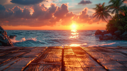 Wooden floor on the background of the sea and the sunset - obrazy, fototapety, plakaty