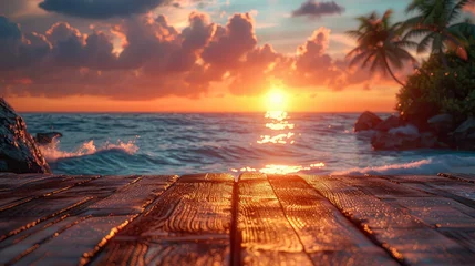 Rolgordijnen Wooden floor on the background of the sea and the sunset © Aliaksandra