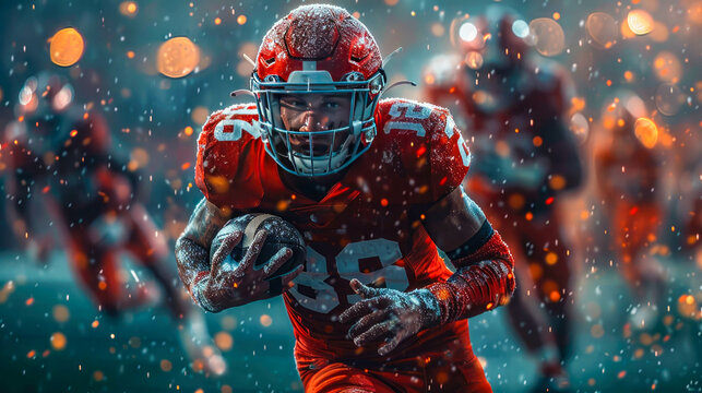 Portrait of a young american football player in helmet. Shallow depth of field