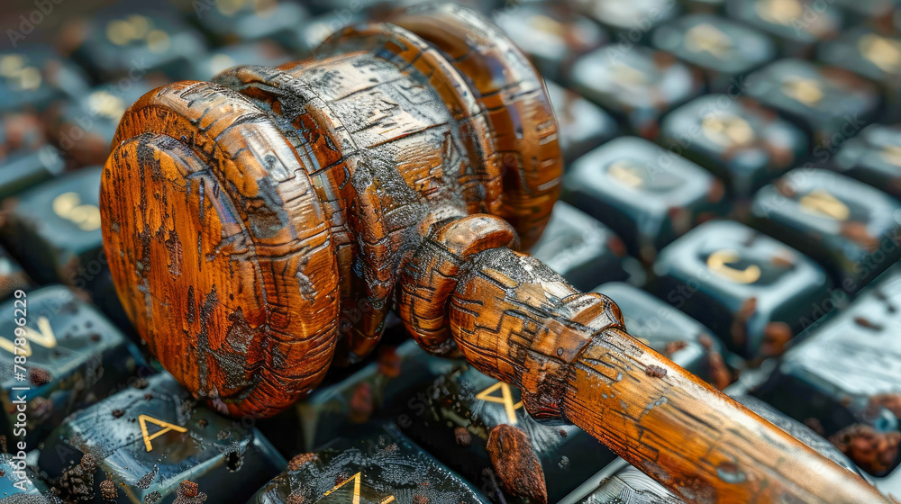 Poster wooden judge gavel on computer keyboard. close-up