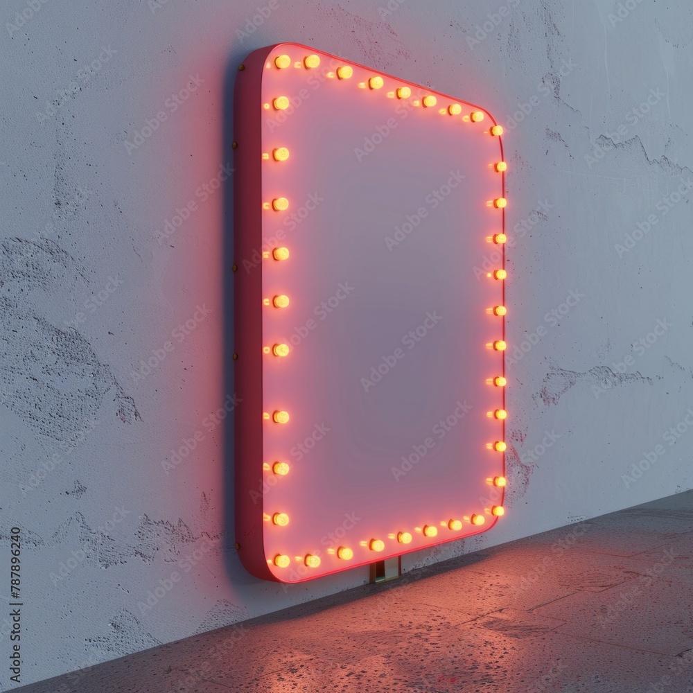 Poster create a 3d rendering of a classic blank signboard, its edges adorned with twinkling neon lights, ai