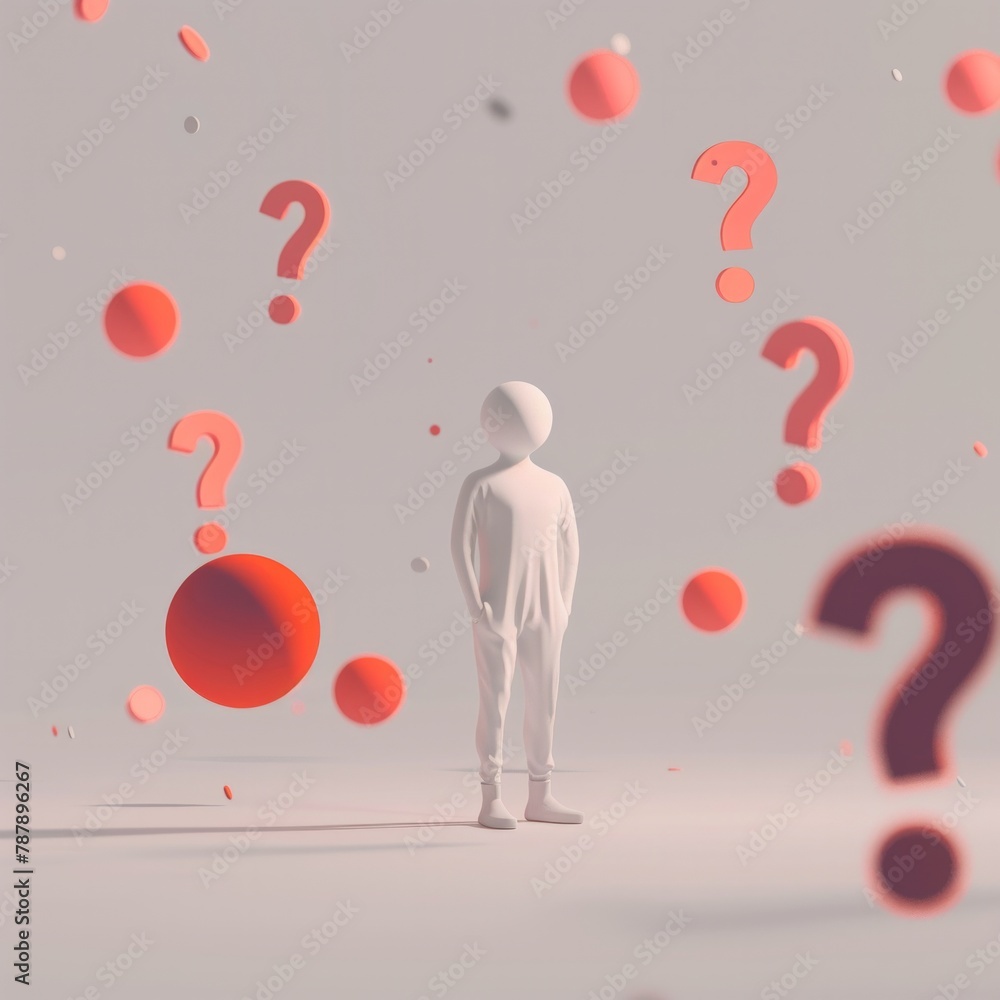 Poster create a 3d rendering of a person standing in a pose of contemplation, with red question marks hover