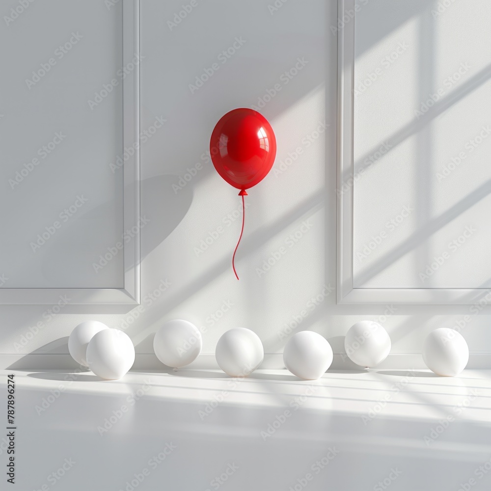Aufkleber create a 3d rendering of a scene where one red balloon floats away from a collection of white balloo