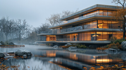 modern buildings,outdoors,scenery,the pink of the settlement,misty, a hazy glow ,generative ai